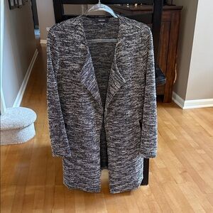 Karen Kane Black and White Blazer with slant pockets trimmed in black leather